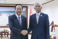 El secretario del Comité Central del Partido Comunista de Vietnam (PCV) y jefe de su Comisión de Propaganda y Movilización de Masas, Trinh Van Quyet, se reúne con Khamphan Pheuiyavong, secretario del Comité Central del Partido Popular Revolucionario de Laos y jefe de su Comisión de Propaganda y Capacitación. (Foto: VNA)