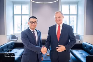 El embajador de Vietnam en Austria, Vu Le Thai Hoang (izquierda), se reúne con el gobernador del estado de Alta Austria, Thomas Stelzer. (Foto: VNA)