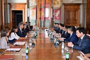 Panorama de la reunión entre el jefe de la Comisión de Inspección del Comité del Partido Comunista de Vietnam en Hanói, Tran Dinh Canh, y las autoridades de Roma. (Foto: VNA)