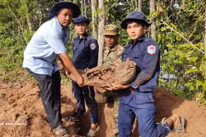 El equipo de K92 realiza su trabajo de búsqueda y recuperación de restos de mártires vietnamitas en la provincia de Kam Pot, Camboya (Foto: VNA)