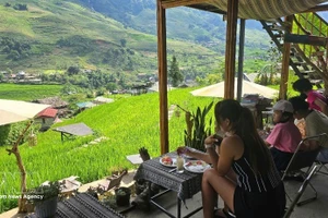 Las cafeterías con vistas a los exuberantes arrozales en terrazas, en contacto con la naturaleza, en Ta Van son populares entre los turistas. (Foto: VNA)