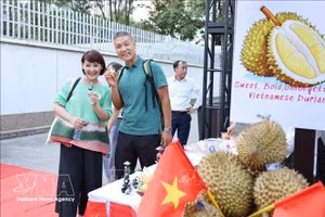 Turistas toman fotos junto al durián en un evento de Vietnam destinado a promocionar esta fruta especial, famosa por su intenso y característico sabor. (Foto: VNA)