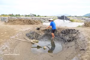 Habitantes excavan estanques para almacenar el agua salada conducida desde el mar. (Foto: VNA)