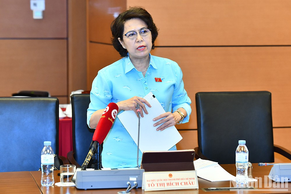 La delegada de la AN en Ciudad Ho Chi Minh, To Thi Bich Chau, interviene en el debate sobre los proyectos legislativos.