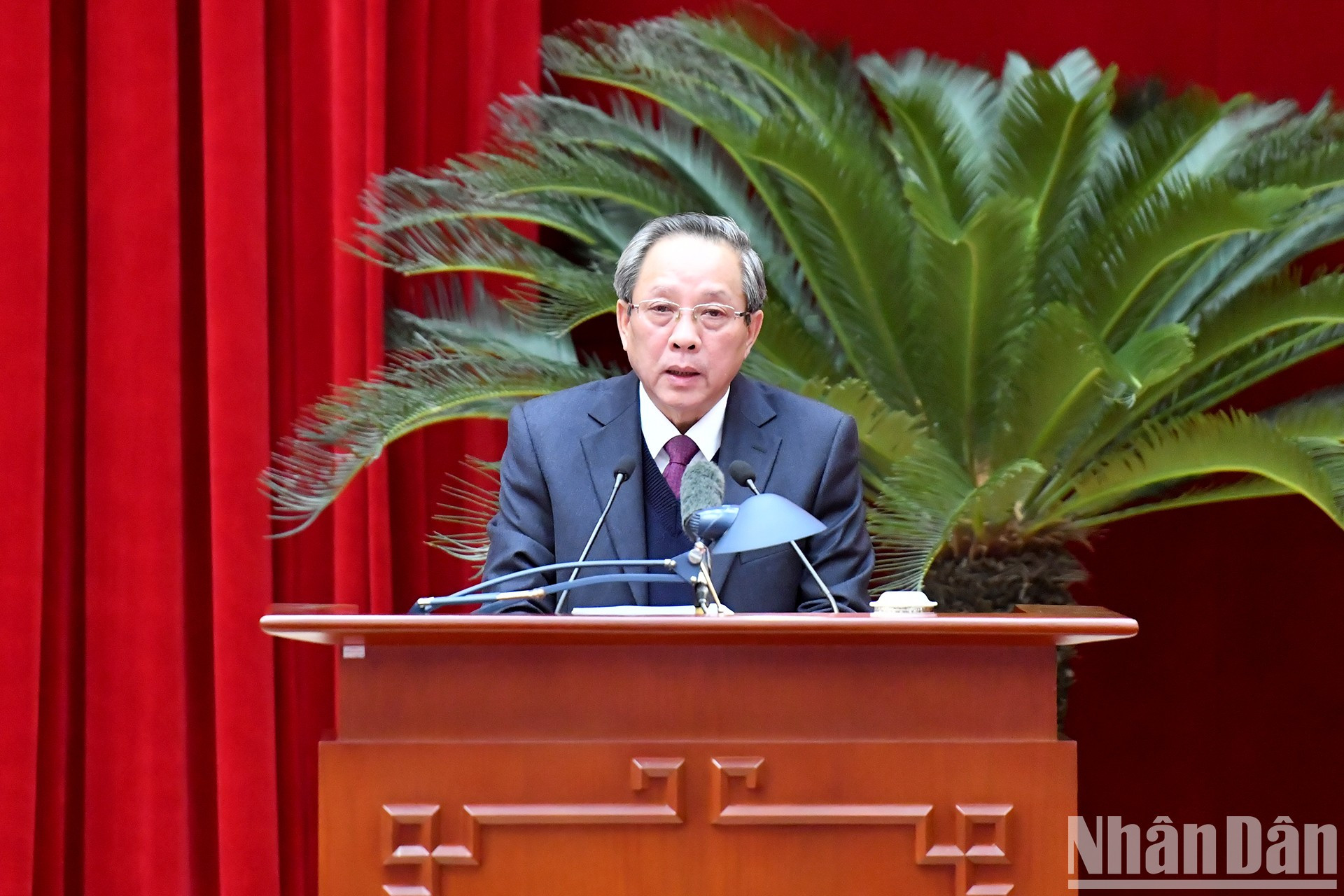 Hoang Dang Quang, vicepresidente del Buró Permanente de la Comisión de Organización del Comité Central del PCV, presenta un informe en la conferencia.