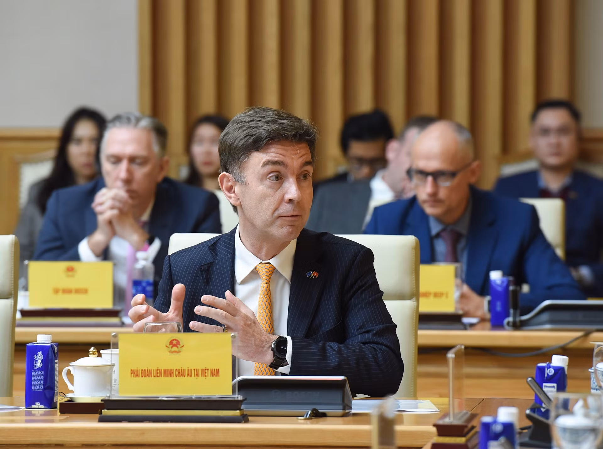 Representante de la delegación de la Unión Europea en Vietnam habla en el evento.