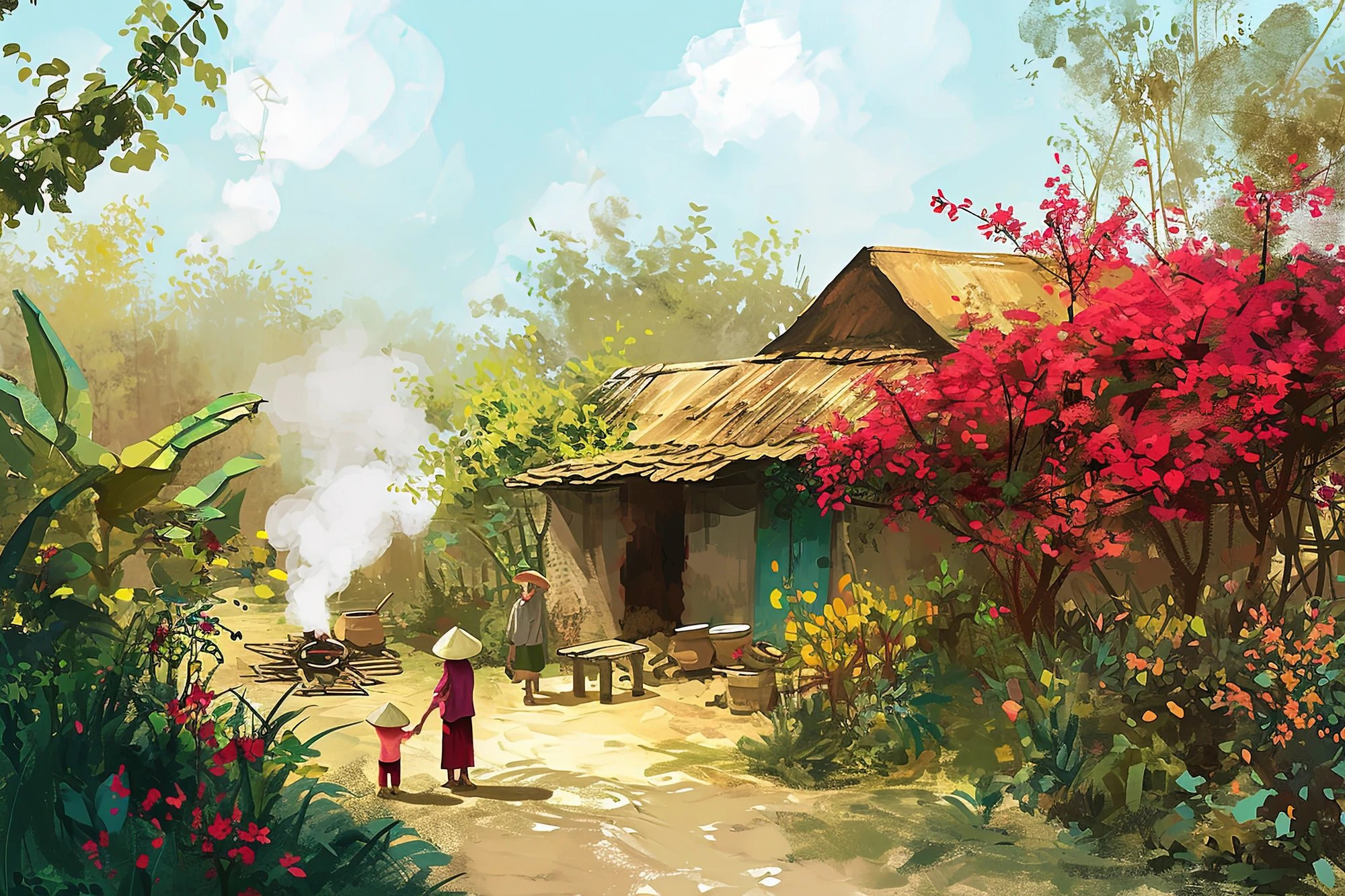 La primavera también significa la llegada del Año Nuevo Lunar (Tet). Delante de la casa hay un gran horno. El fragante humo que sale del tejado de paja se mezcla con el aroma del banh chung (pasteles de arroz glutinoso) pervive en la memoria de muchos vietnamitas. La primavera también significa la llegada del Año Nuevo Lunar (Tet). Delante de la casa hay un gran horno. El fragante humo que sale del tejado de paja se mezcla con el aroma del banh chung (pasteles de arroz glutinoso) pervive en la memoria de muchos vietnamitas.