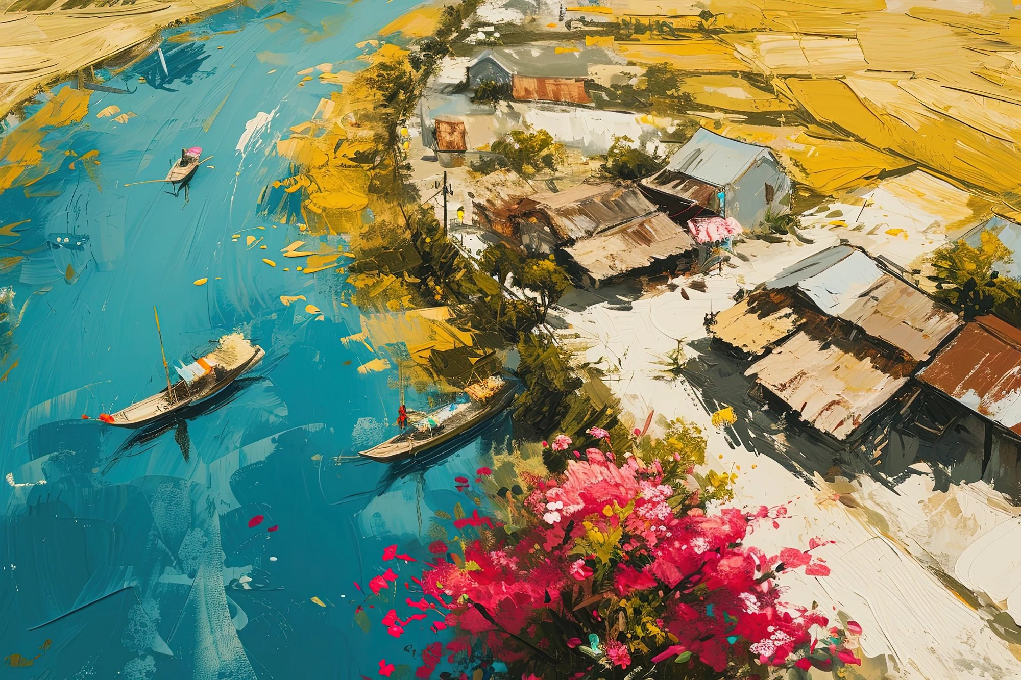 La pintura de la primavera se adorna con las apacibles casas situadas a orillas del río, junto con las hileras de árboles de durazno que proyectan sombras sobre la superficie del agua azul profundo. La pintura de la primavera se adorna con las apacibles casas situadas a orillas del río, junto con las hileras de árboles de durazno que proyectan sombras sobre la superficie del agua azul profundo.