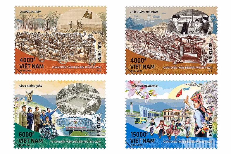 La serie de estampillas que conmemora los 70 años de la Victoria de Dien Bien Phu incluye cuatro sellos diseñados con herramientas de grafismo, que representan la trayectoria de 70 años desde el pasado de victoria heroica hasta el presente próspero y feliz.