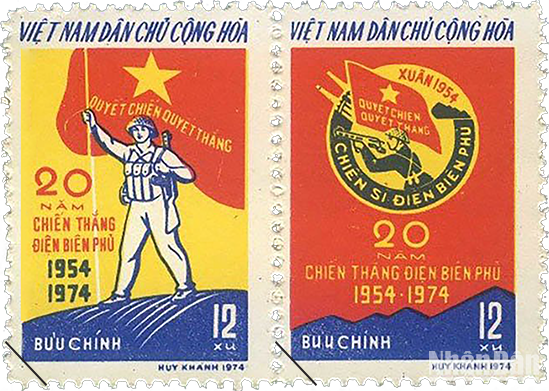 La serie de sellos conmemorativos del 20 aniversario de esta histórica victoria presenta la imagen de un soldado enarbolando la bandera de la determinación de vencer sobre el tejado del búnker del general De Castries y la insignia del soldado de Dien Bien Phu. Estas obras fueron diseñadas por el artista Tran Huy Khanh y costaban 12 centavos de dong. La serie de sellos conmemorativos del 20 aniversario de esta histórica victoria presenta la imagen de un soldado enarbolando la bandera de la determinación de vencer sobre el tejado del búnker del general De Castries y la insignia del soldado de Dien Bien Phu. Estas obras fueron diseñadas por el artista Tran Huy Khanh y costaban 12 centavos de dong.