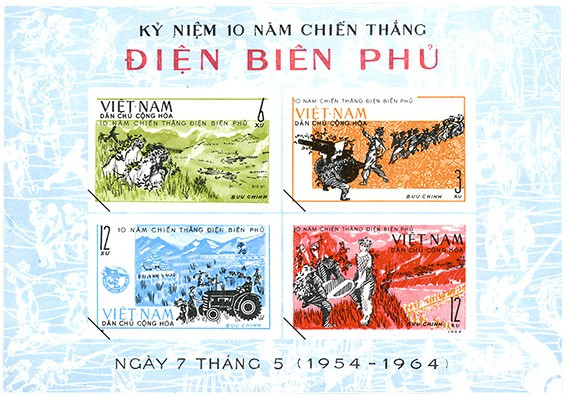 Los sellos conmemorativos por el décimo aniversario de la Victoria de Dien Bien Phu, diseñados por el artista Tran Luong, con un precio de tres, seis y doce centavos de dong. Los sellos conmemorativos por el décimo aniversario de la Victoria de Dien Bien Phu, diseñados por el artista Tran Luong, con un precio de tres, seis y doce centavos de dong.