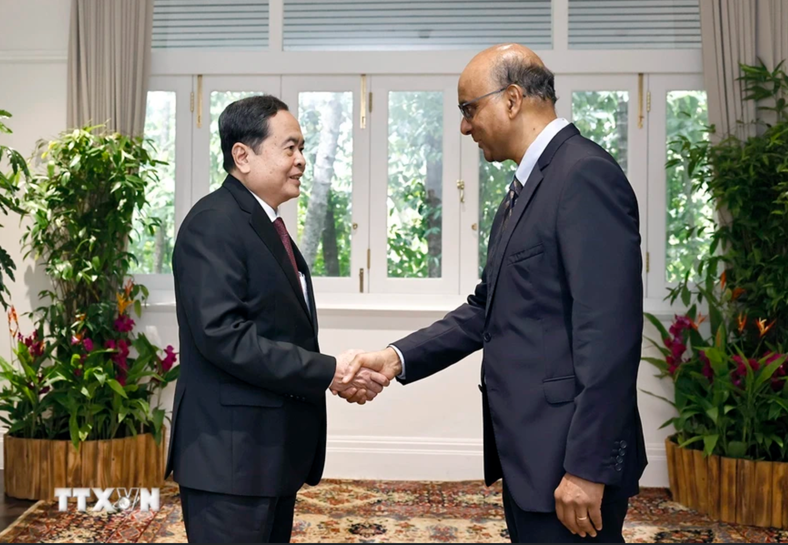 El titular de la ANV, Tran Thanh Man, y el presidente de Singapur, Tharman Shanmugaratnam. (Foto: VNA)