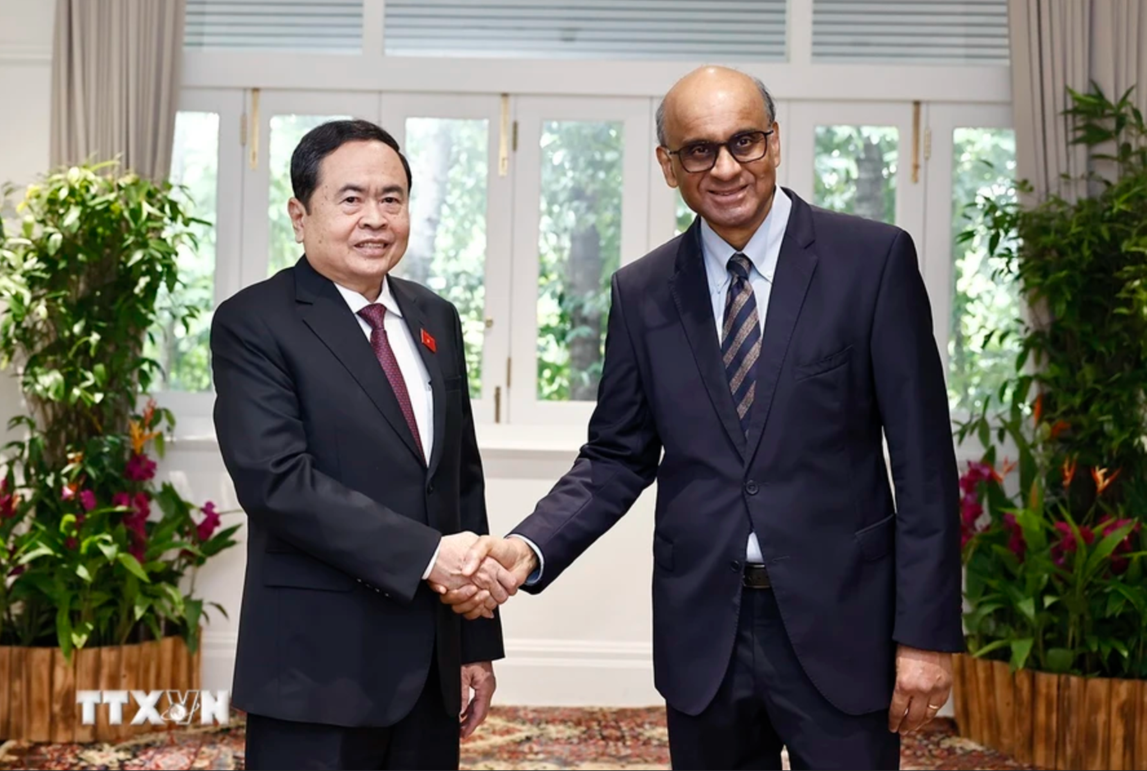 El titular de la ANV, Tran Thanh Man, y el presidente de Singapur, Tharman Shanmugaratnam. (Foto: VNA)