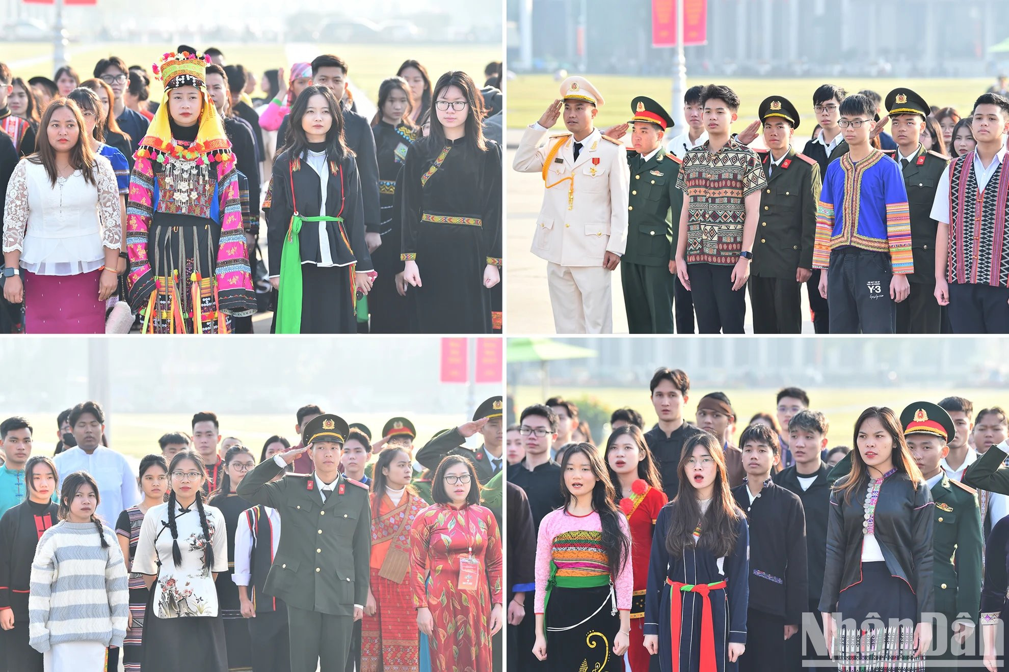 Estudiantes y jóvenes de minorías étnicas, vestidos con trajes tradicionales, informan de sus logros al líder revolucionario vietnamita.