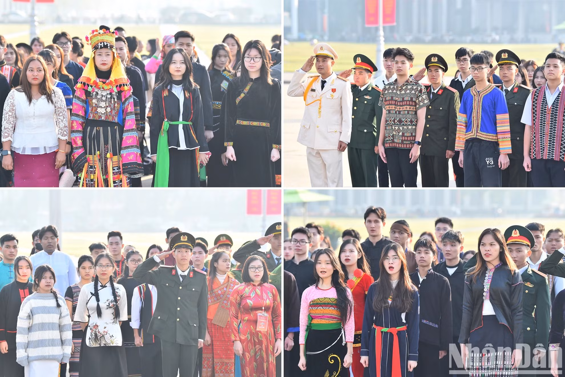Estudiantes y jóvenes de minorías étnicas, vestidos con trajes tradicionales, informan de sus logros al líder revolucionario vietnamita.