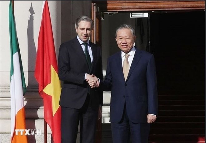 El secretario general del PCV y presidente de Vietnam, To Lam, y el primer ministro irlandés Simon Harris. (Foto: VNA)