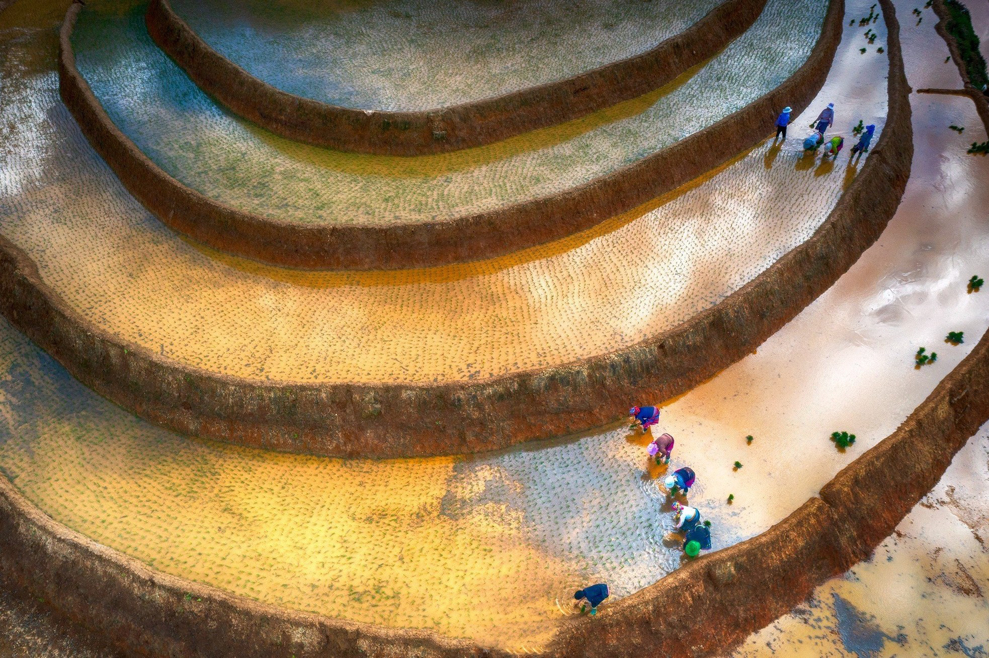 Aunque no tan espléndida como la temporada de cosecha, cuando las terrazas se tiñen del color dorado del sol y de los granos de arroz maduros, en el periodo de riego los campos tienen un color más profundo, imprimiendo una belleza salvaje a las montañas del noroeste.