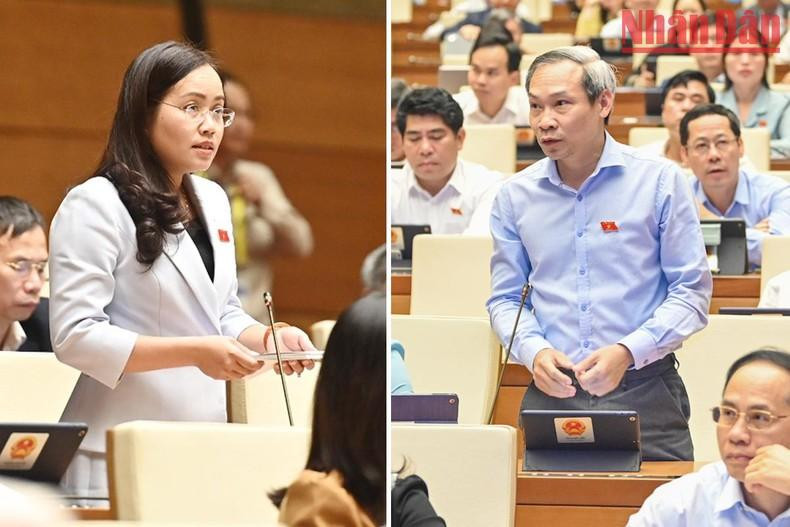 La diputada de la provincia de Bac Kan, Ho Thi Kim Ngan (izquierda), y el de la provincia de Thai Binh, Phan Duc Hieu, formulan preguntas al ministro de Construcción Nguyen Thanh Nghi. La diputada de la provincia de Bac Kan, Ho Thi Kim Ngan (izquierda), y el de la provincia de Thai Binh, Phan Duc Hieu, formulan preguntas al ministro de Construcción Nguyen Thanh Nghi.