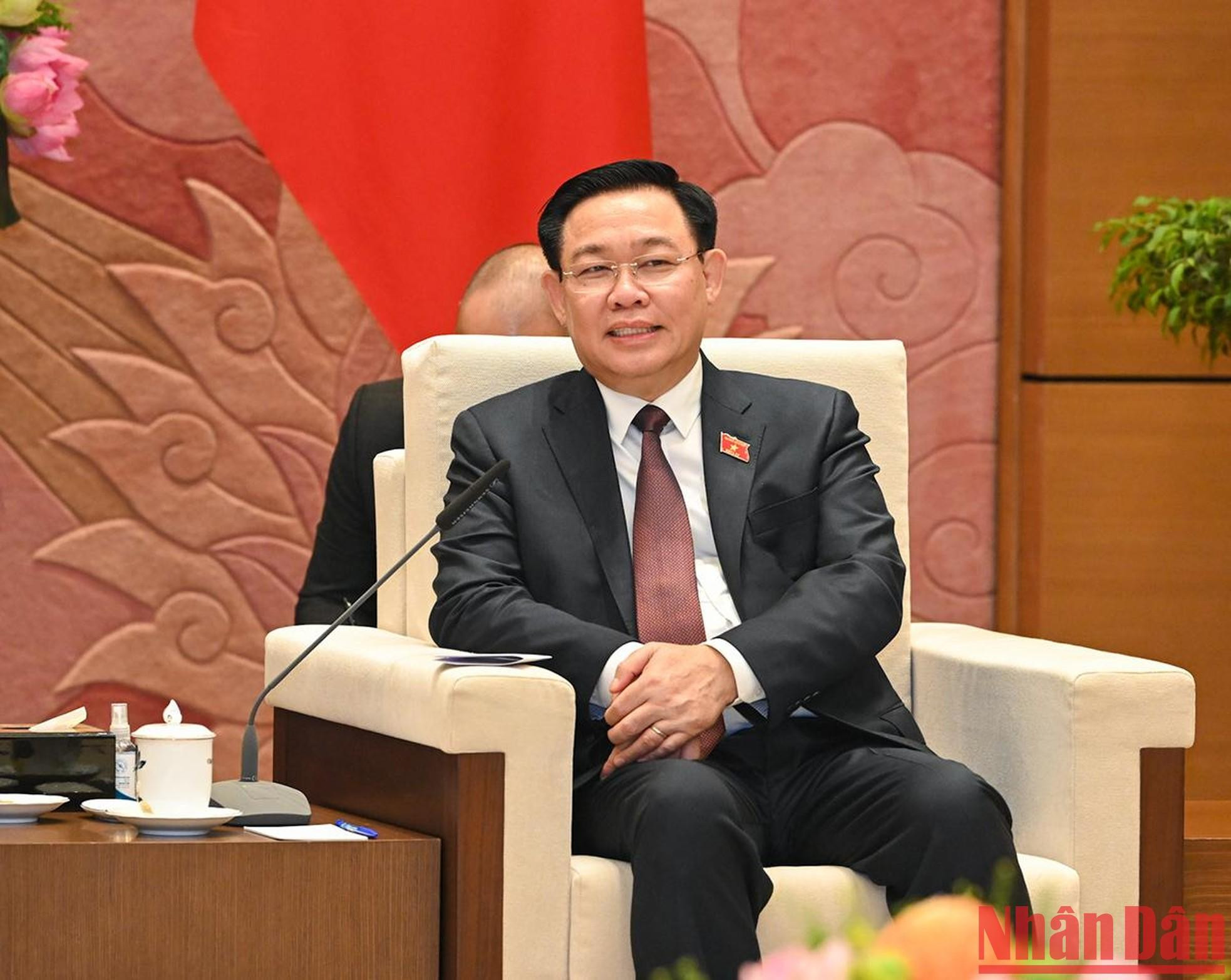 El titular del Parlamento, Vuong Dinh Hue, habla en la reunión.