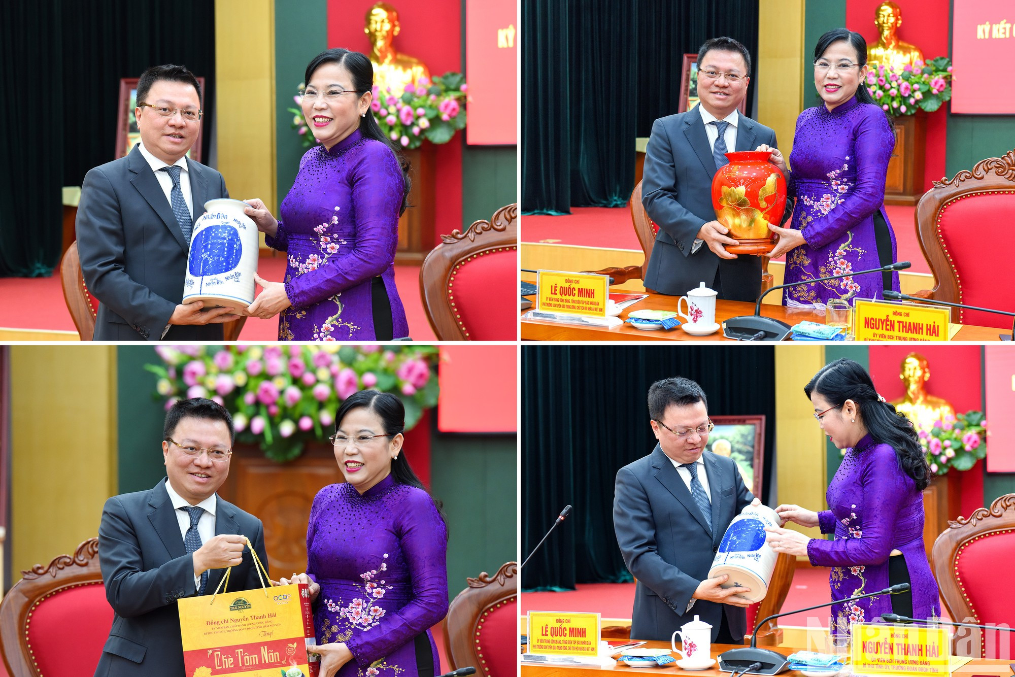 Los partes intercambian regalos de recuerdo después de la ceremonia.