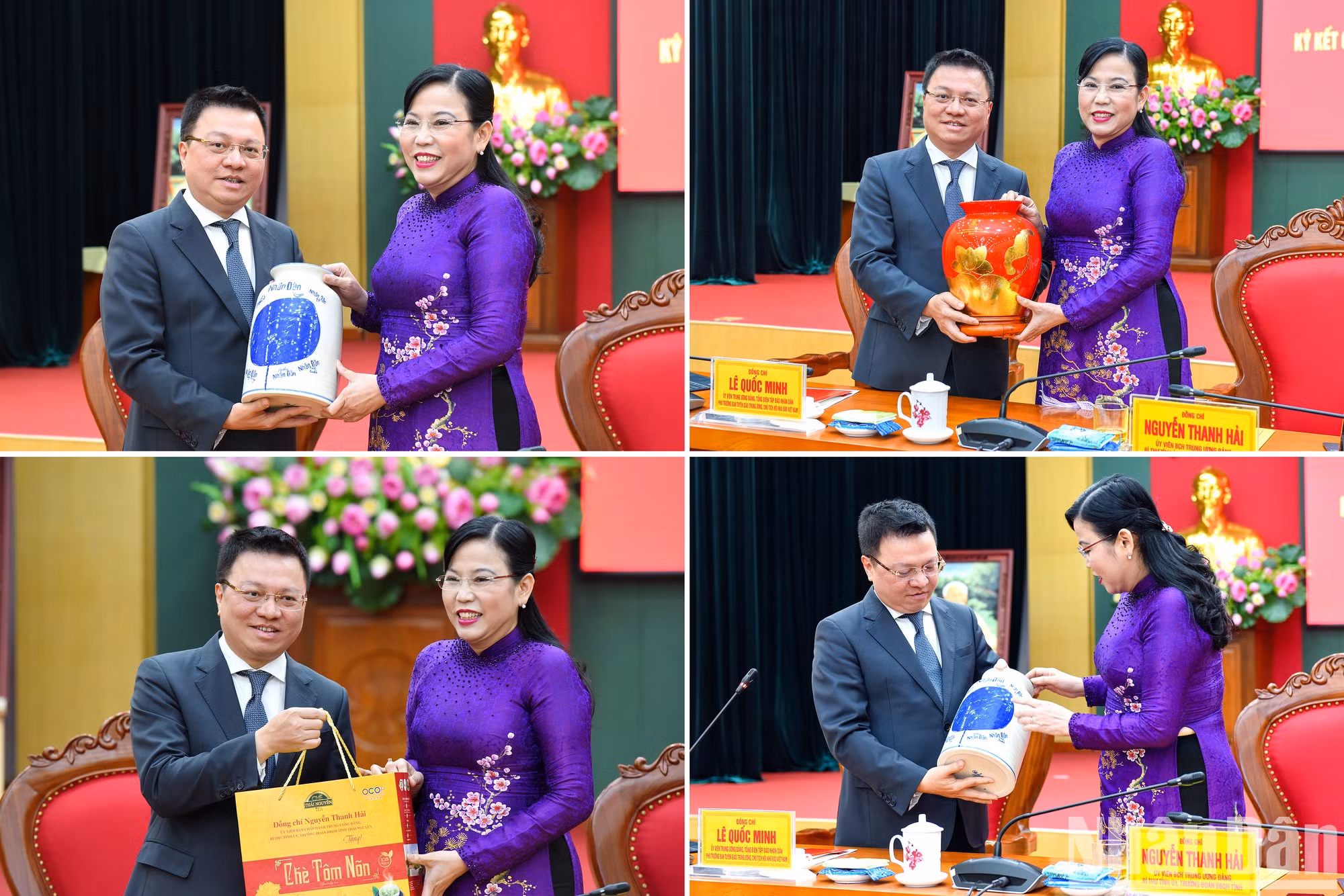 Los partes intercambian regalos de recuerdo después de la ceremonia.