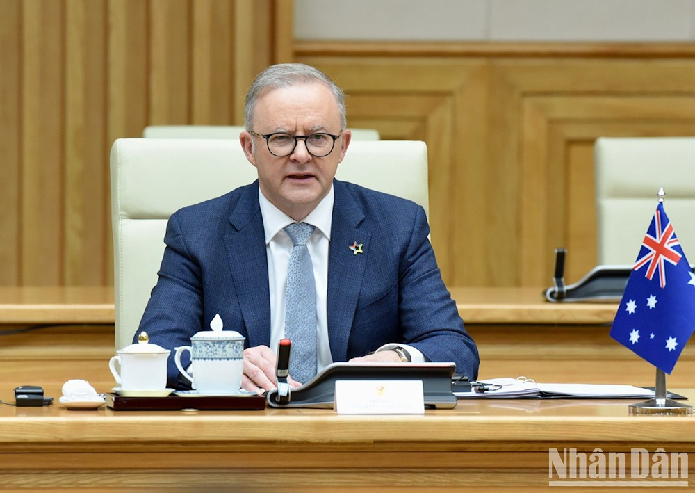 El primer ministro de Australia, Anthony Albanese, interviene en la reunión. El primer ministro de Australia, Anthony Albanese, interviene en la reunión.
