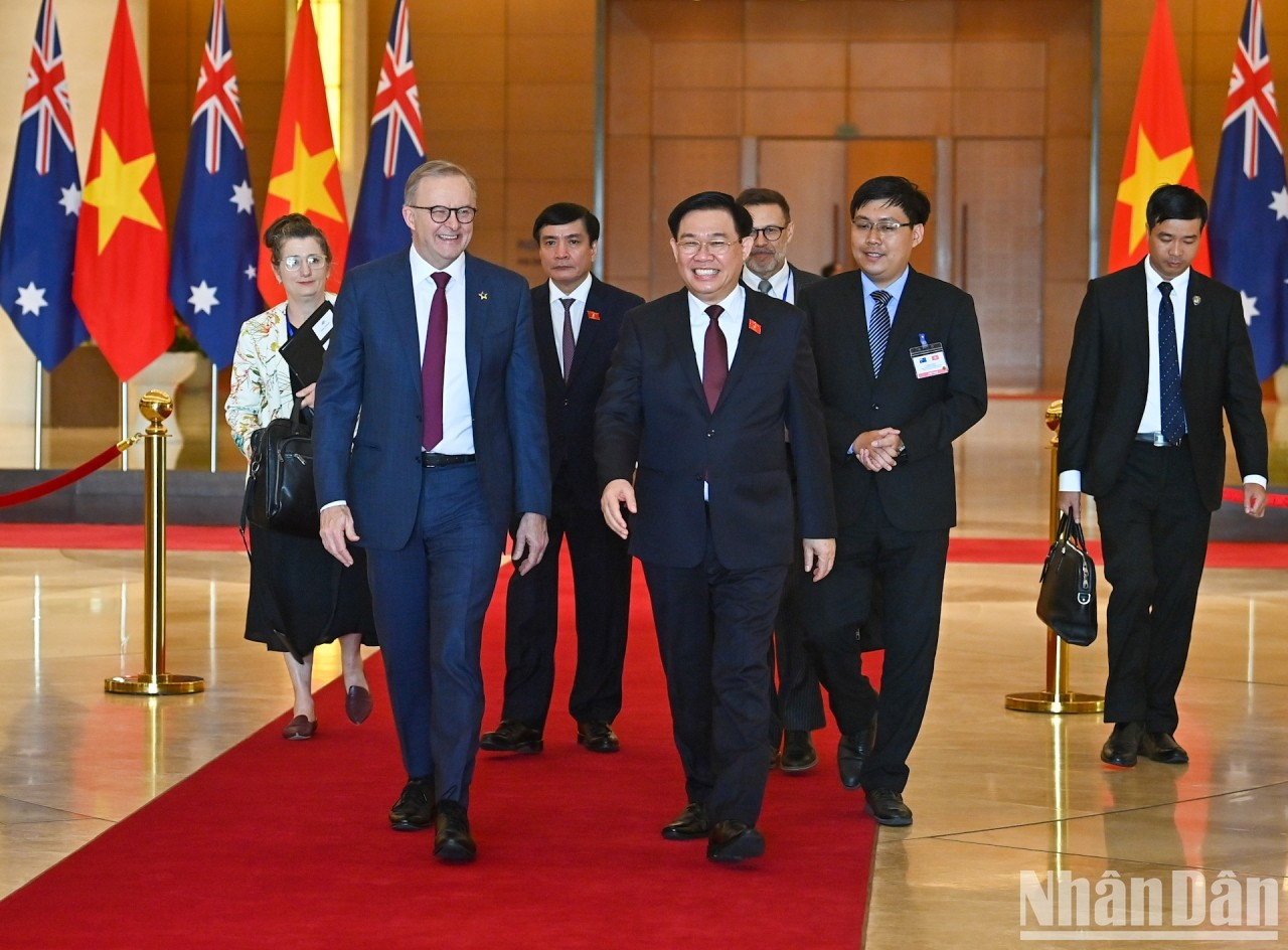 Dinh Hue y Albanese intercambian opiniones después de la reunión. Dinh Hue y Albanese intercambian opiniones después de la reunión.