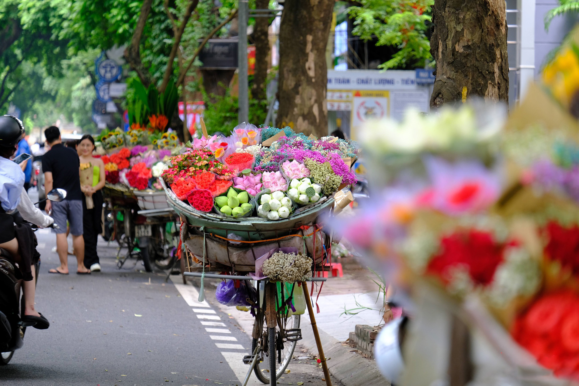Recorrer por las calles Thuy Khue o Phan Dinh Phung, permite ver las bicicletas llenas de coloridos flores. Recorrer por las calles Thuy Khue o Phan Dinh Phung, permite ver las bicicletas llenas de coloridos flores.