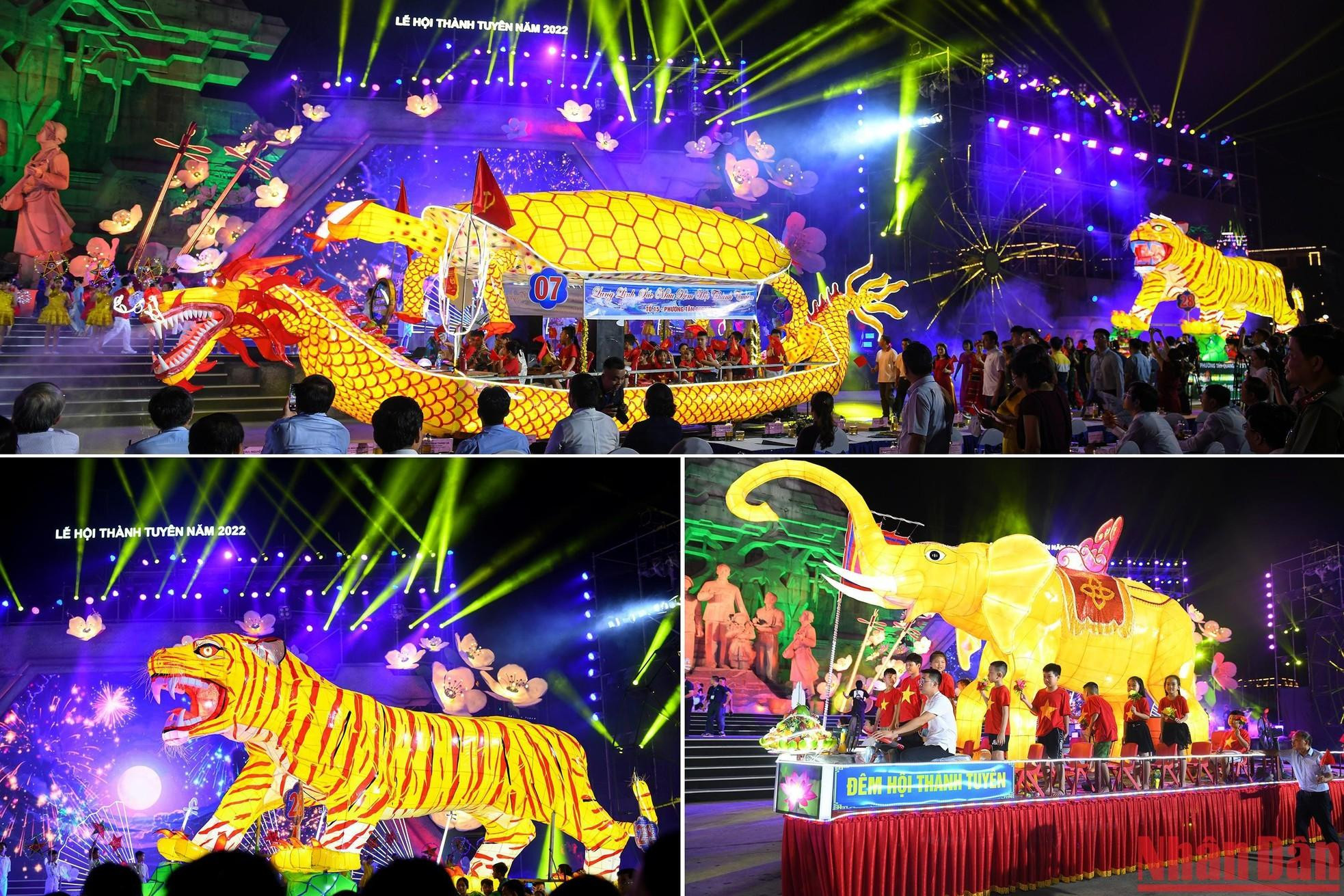 Desfile de faroles en forma de carpa, dragón, tigre y elefante en la Plaza Nguyen Tat Thanh.