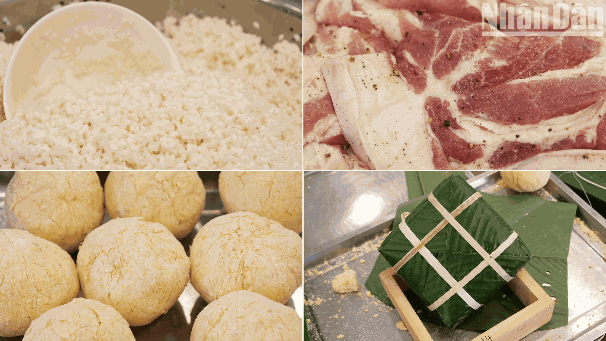 Los ingredientes como arroz glutinoso, carne de cerdo y judías verdes se prepararon el día anterior.