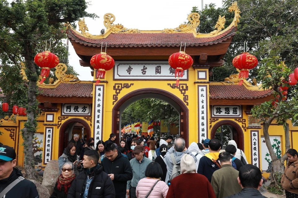 Habitantes de Hanói visitan la pagoda de Tran Quoc los primeros días del Año Nuevo Lunar.