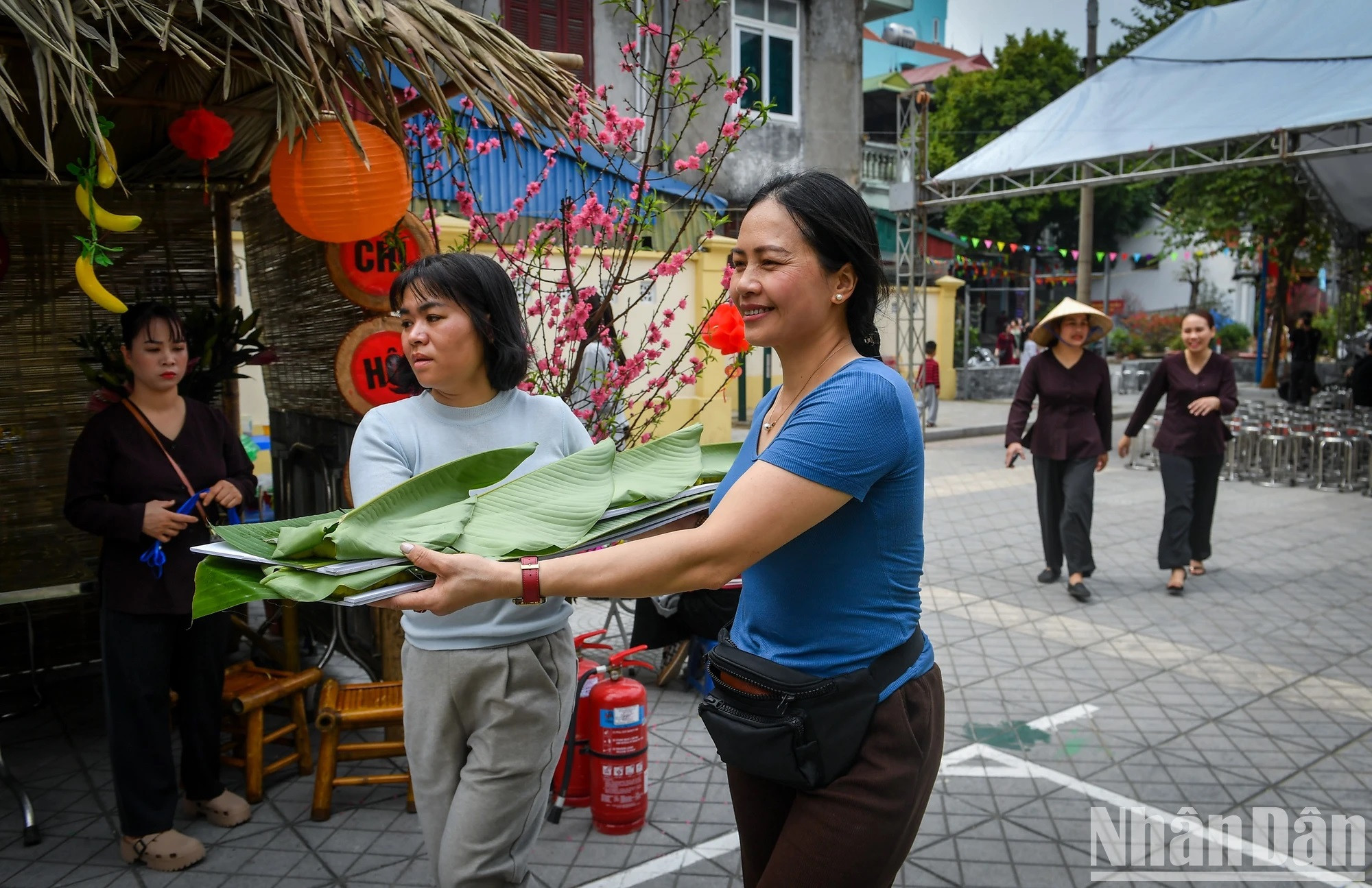 Las hojas “dong” (Phrynium placentarium), tradicionalmente usadas como envoltorio de varios platos vietnamitas, se limpian, listas para servir “xôi” a los visitantes. Las hojas “dong” (Phrynium placentarium), tradicionalmente usadas como envoltorio de varios platos vietnamitas, se limpian, listas para servir “xôi” a los visitantes.