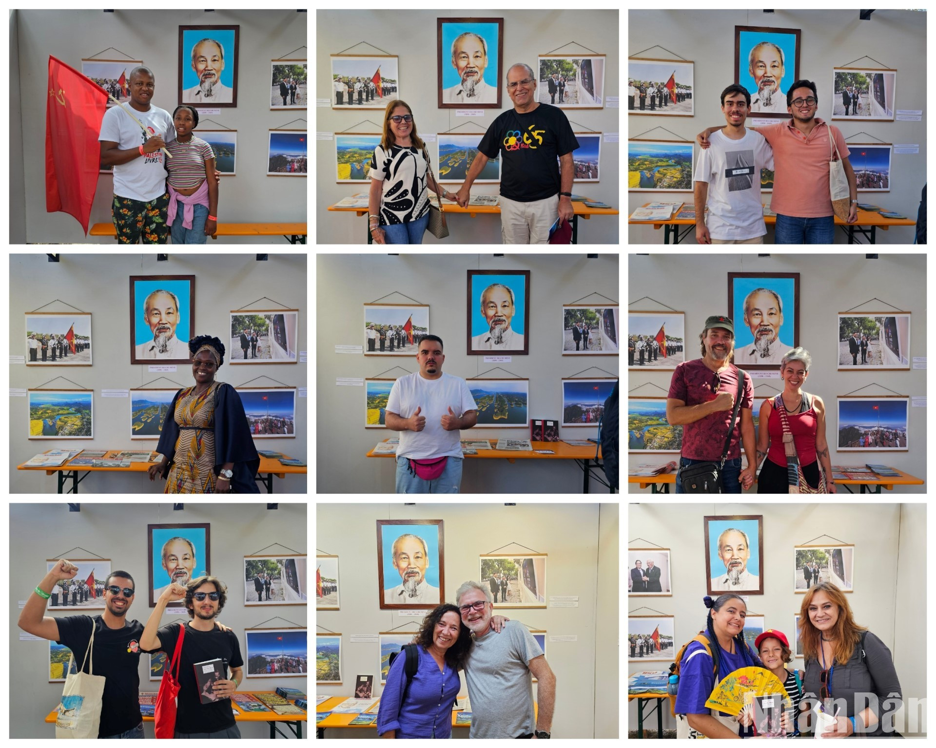 Amigos internacionales posan para una foto bajo el retrato del Presidente Ho Chi Minh, el ilustre líder del pueblo vietnamita y un gran amigo del mundo.