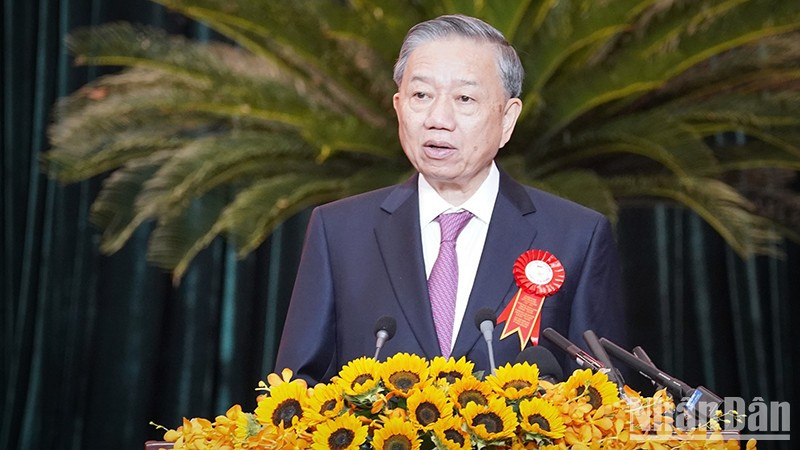 El secretario general del PCV y presidente de Vietnam, To Lam, en su intervención.