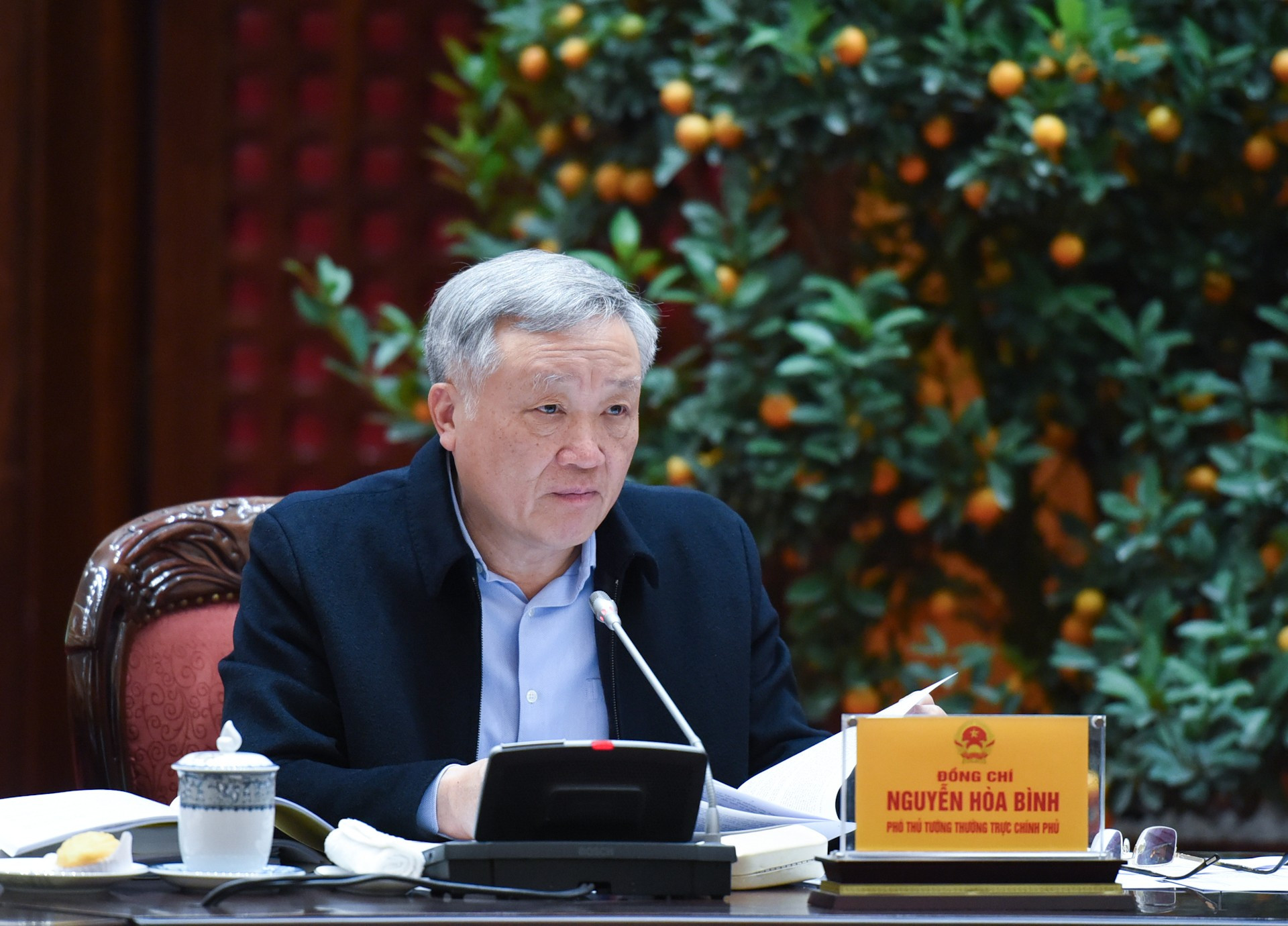 El viceprimer ministro permanente Nguyen Hoa Binh interviene en la reunión.