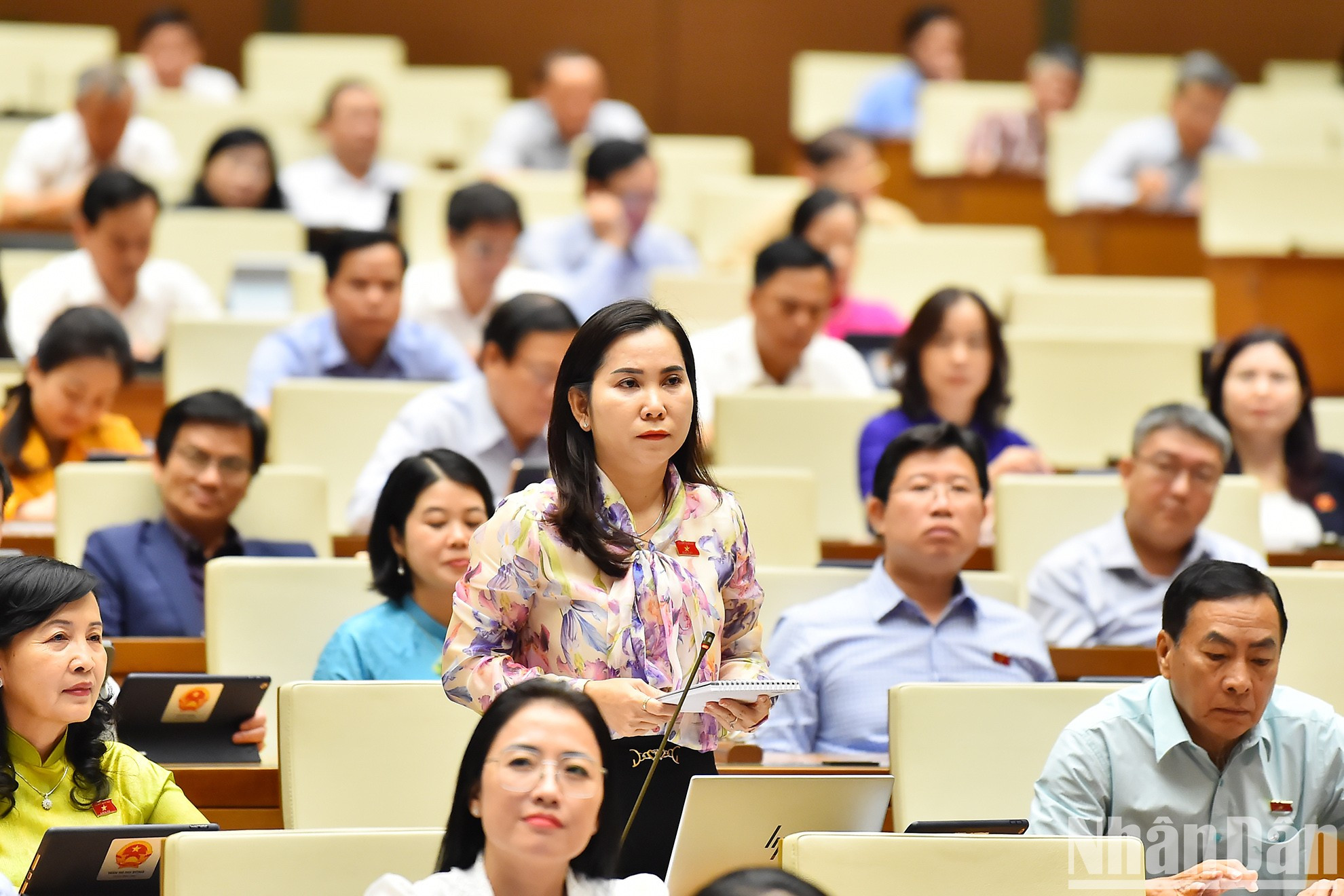 La diputada de la provincia de Bac Lieu Le Thi Ngoc Linh hace pregunta al ministro de Recursos Naturales y Medio Ambiente.
