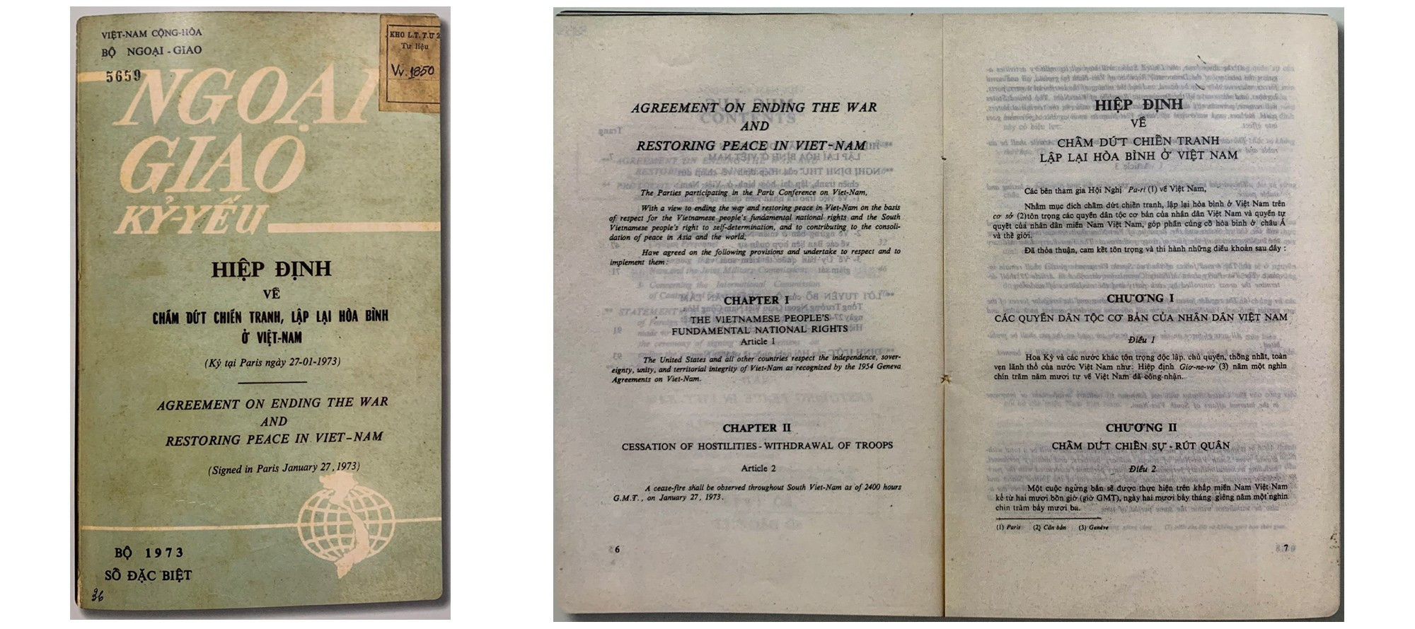 Una página en los Acuerdos para poner fin a la guerra y restaurar la paz en Vietnam, firmados en París el 27 de enero de 1973.
