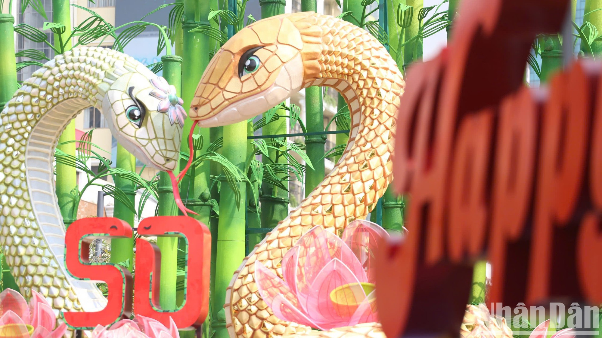 Lo más destacado de la calle de las flores es el modelo de dos serpientes Kim Ty y Ngan Ty, creado con un 70% de materiales respetuosos con el medio ambiente. Lo más destacado de la calle de las flores es el modelo de dos serpientes Kim Ty y Ngan Ty, creado con un 70% de materiales respetuosos con el medio ambiente.