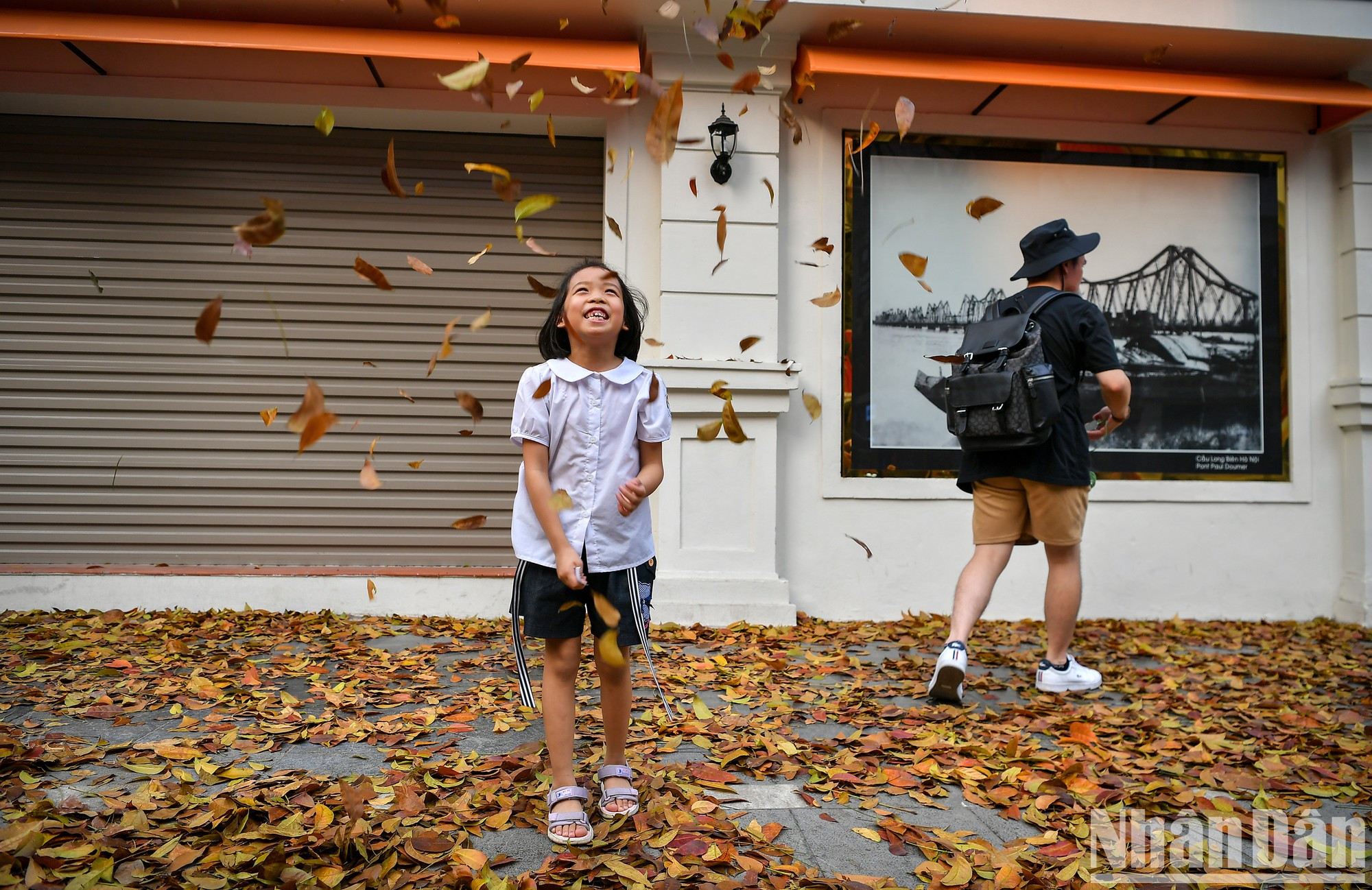 Niña jugando con hojas amarillas. Niña jugando con hojas amarillas.