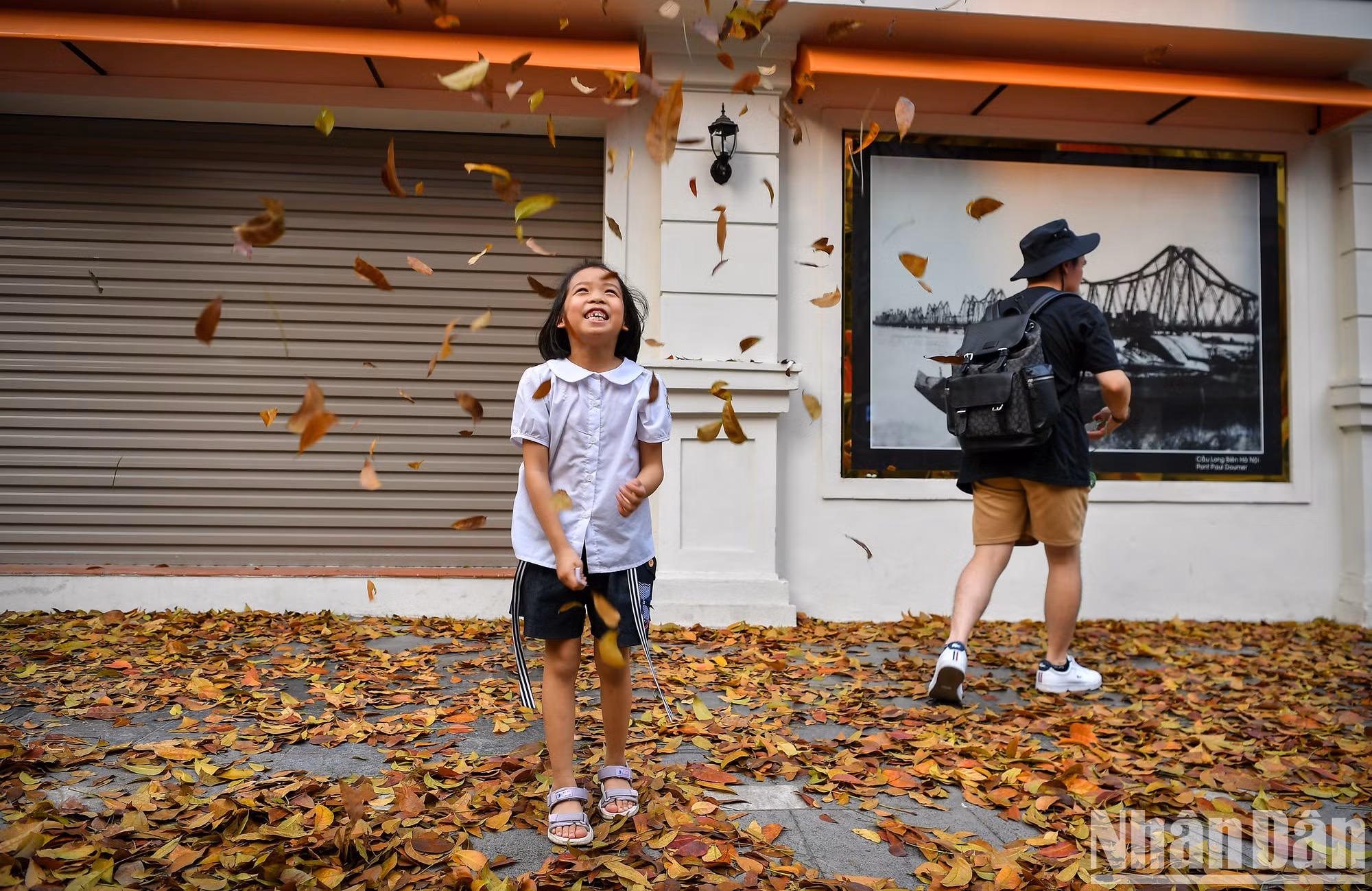 Niña jugando con hojas amarillas. Niña jugando con hojas amarillas.