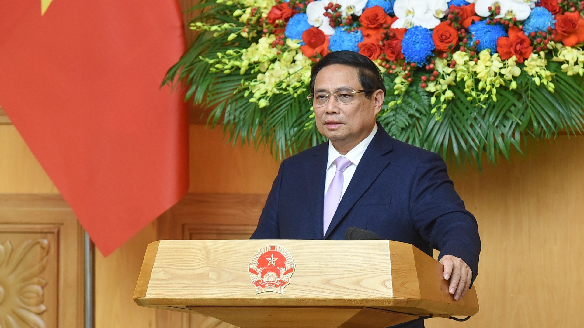 El primer ministro vietnamita, Pham Minh Chinh, habla en la cita. El primer ministro vietnamita, Pham Minh Chinh, habla en la cita.