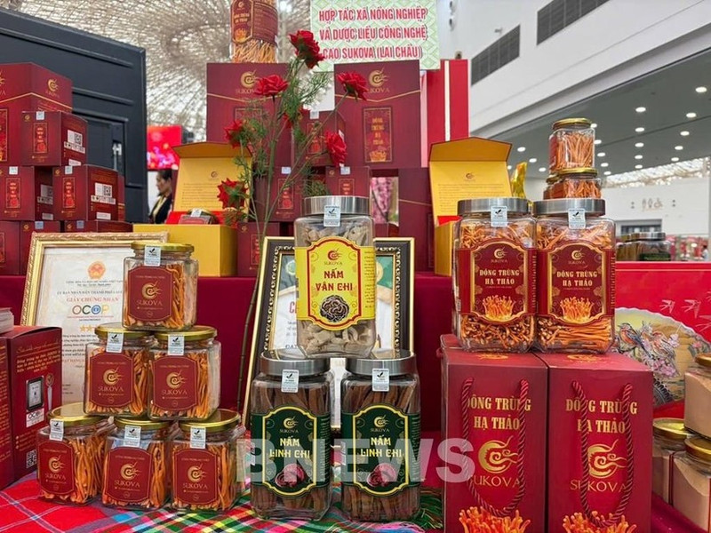 Productos farmacéuticos OCOP de la Cooperativa de Agricultura y Hierbas Medicinales de Alta Tecnología Sukova en la feria. (Foto: VNA)