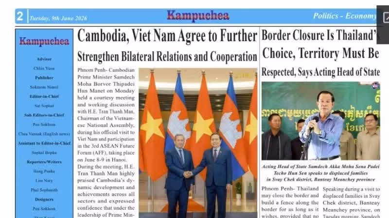 El diario Kampuchea reporta la reunión sostenida el 8 de junio entre el presidente de la Asamblea Nacional de Vietnam, Tran Thanh Man, y el primer ministro de Camboya, Hun Manet. (Foto capturada de pantalla)