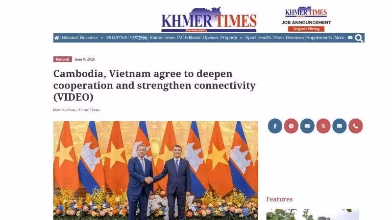 The Khmer Times informa sobre la reunión entre el primer ministro de Vietnam, Le Minh Hung, y su homólogo de Camboya, Hun Manet, en ocasión de la reciente visita oficial de este último a Vietnam. (Foto capturada de pantalla)