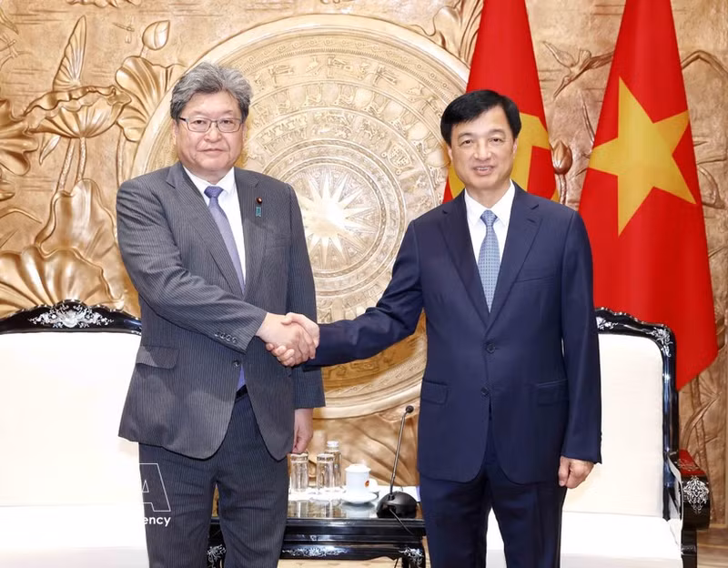 El miembro del Buró Político, jefe de la Comisión de Organización del Comité Central del Partido Comunista de Vietnam y presidente del Grupo Parlamentario de Amistad Vietnam–Japón, Nguyen Duy Ngoc, recibe a Hagiuda Koichi, secretario general en funciones del Partido Liberal Democrático de Japón. (Foto: VNA)