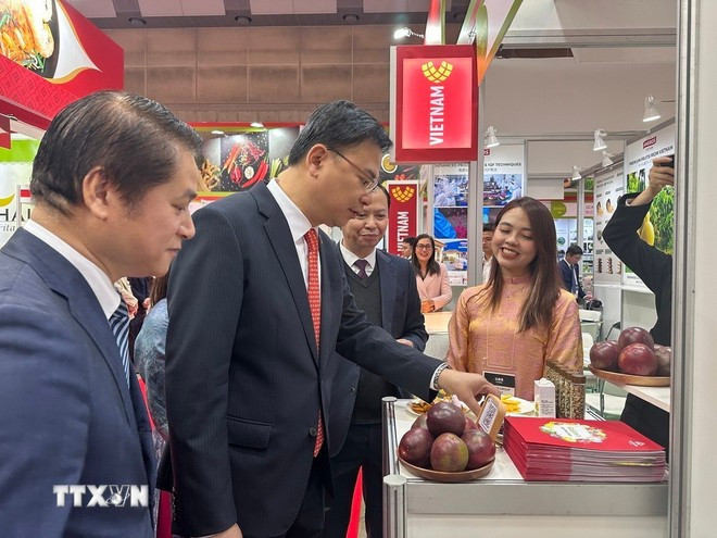 El embajador de Vietnam en Japón, Pham Quang Hieu, visita un stand de frutas vietnamitas. (Foto: VNA)