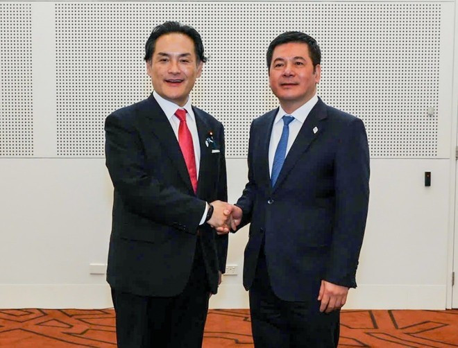 El ministro de Industria y Comercio de Vietnam, Nguyen Hong Dien (derecha), y el ministro de Estado de Economía, Comercio e Industria y ministro de Estado de la Oficina del Gabinete de Japón, Kazuchika Iwata. (Foto: VNA)