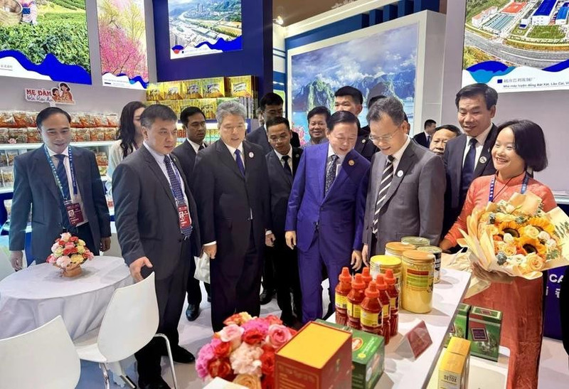 El vice primer ministro Tran Hong Ha visita el pabellón de Vietnam. (Fotografía: VNA)
