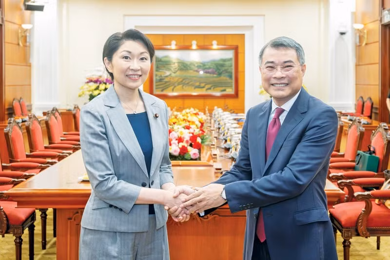El miembro del Buró Político y del Secretariado del Comité Central del Partido Comunista de Vietnam y jefe de la Comisión de Organización de ese comité, Le Minh Hung, recibe a la presidenta de la Alianza Parlamentaria de Amistad Japón-Vietnam, Obuchi Yuko. (Foto: VNA)