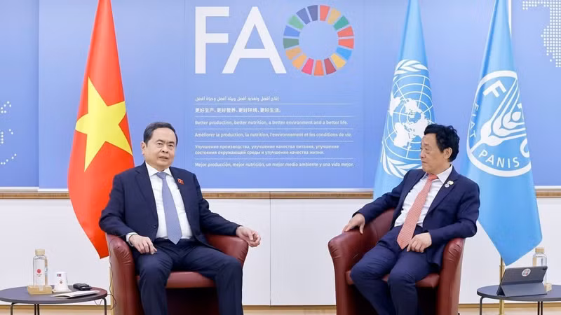 Vista de la reunión entre el presidente de la Asamblea Nacional de Vietnam, Tran Thanh Man, y el director general de la Organización de las Naciones Unidas para la Alimentación y la Agricultura, Qu Dongyu. (Foto: VNA)